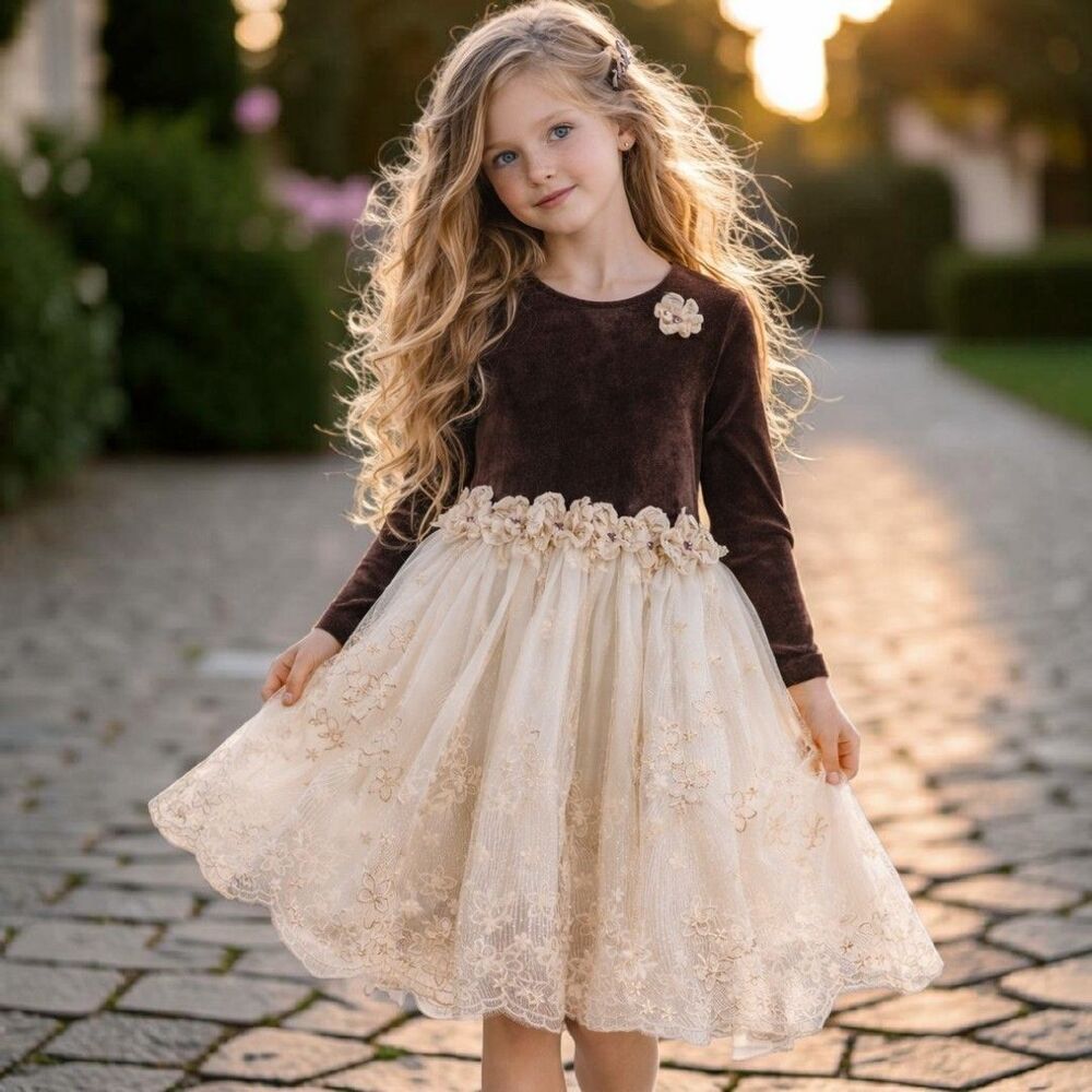Isobella Chloe 5 Lace Tulle A-Line Dress Brown Velour Ivory Skirt Bridal Kidcore